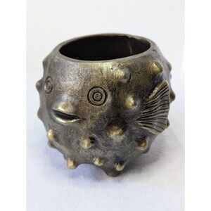 Anthropologie Metal Brass Puffer Fish Blowfish Planter Pot 6" Diameter 4" Tall